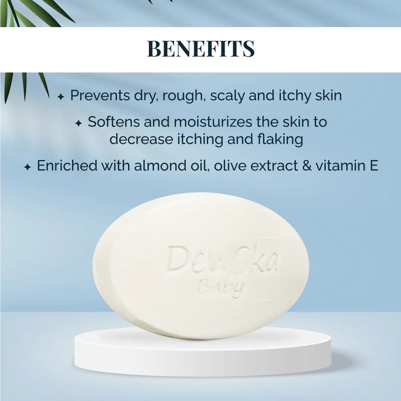 White soap bar on a white platform with a blue background and text listing benefits.
