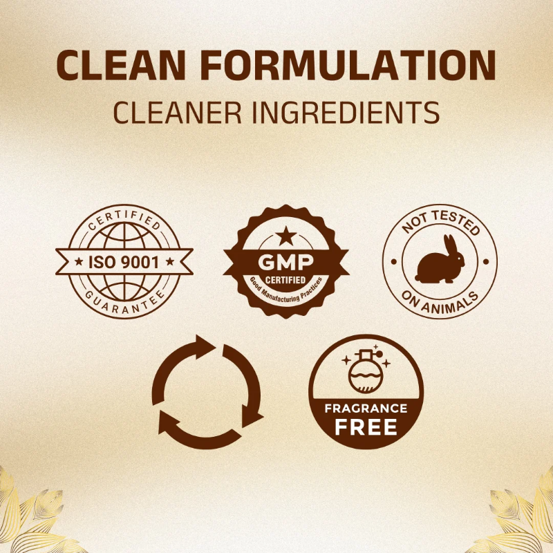 Clean formulation badges on a beige background
