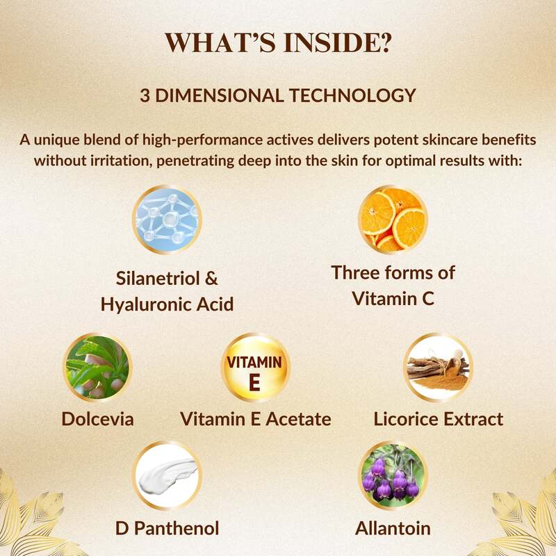 Skincare product with listed ingredients and benefits on a beige background.