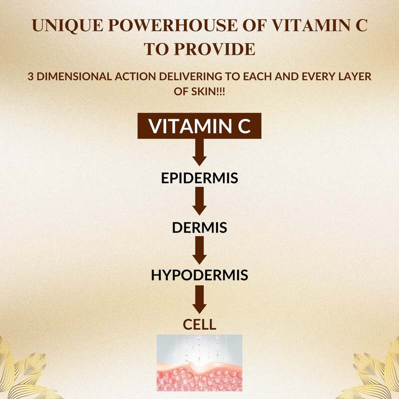 Diagram of vitamin C delivery through skin layers on a beige background.