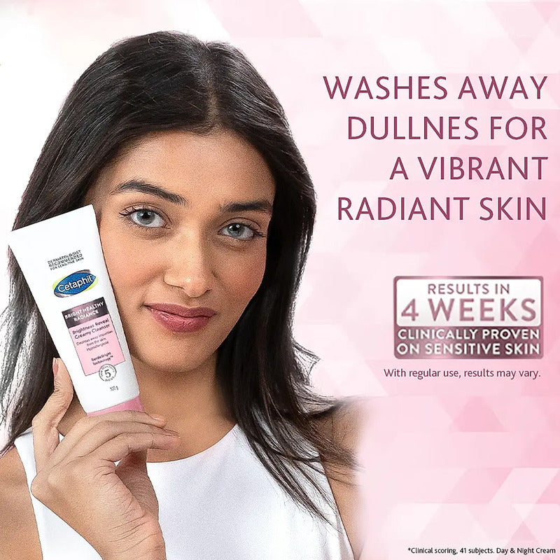 Woman holding a skincare product with text on a pink background