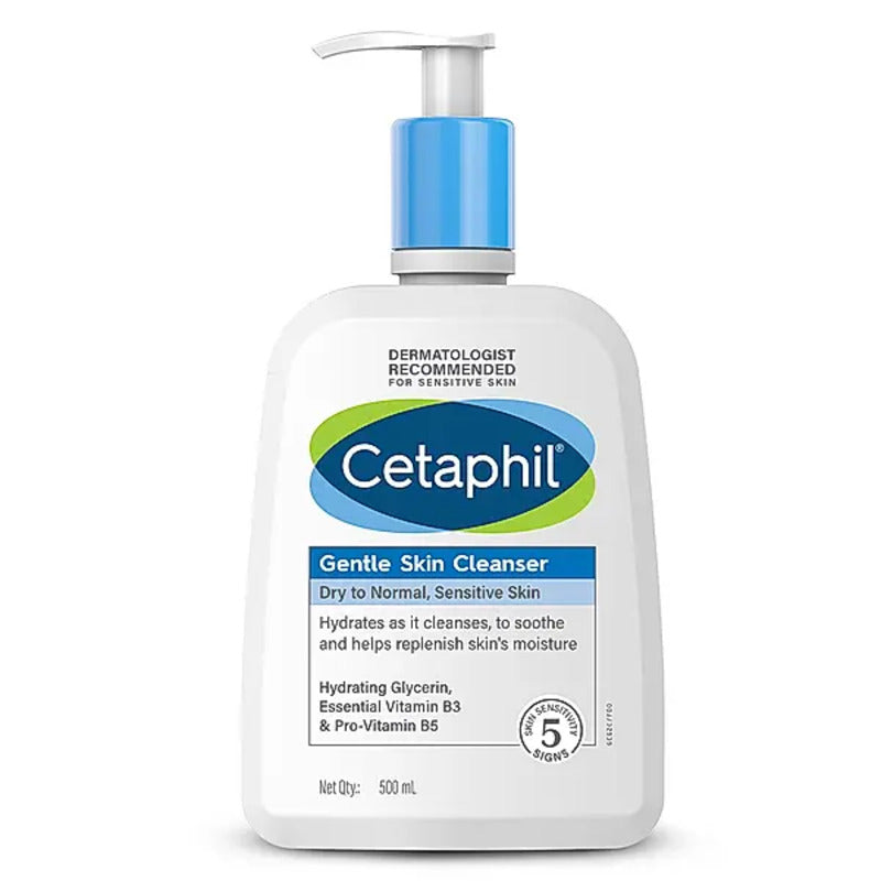 Cetaphil Gentle Skin Cleanser with blue pump on white background