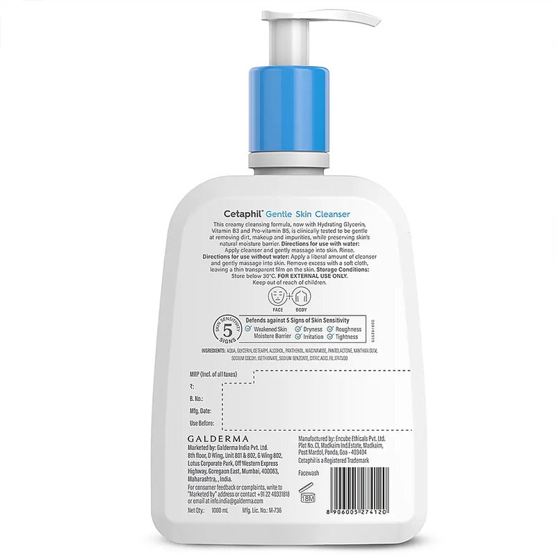 Cetaphil Gentle Skin Cleanser with blue pump label details logos on white background