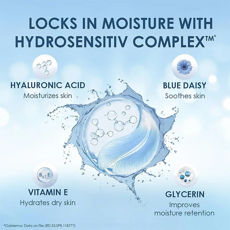 Advertisement for skincare product with blue background and text about ingredients.