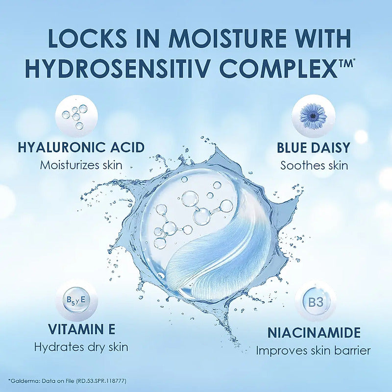Advertisement for skincare product with blue background and text about ingredients.