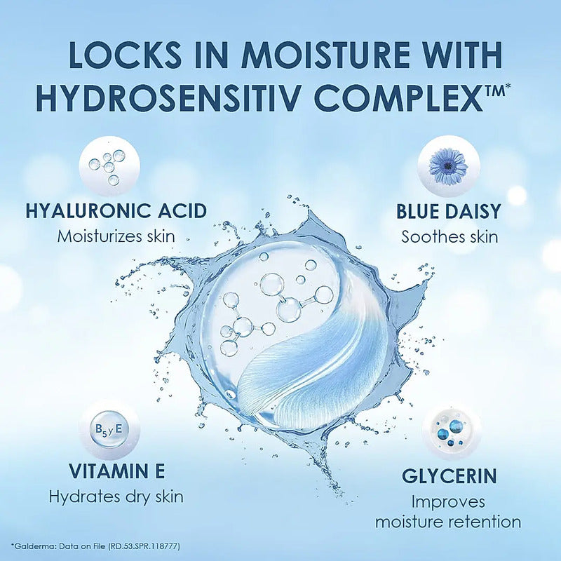 Advertisement for skincare product with blue background and text highlighting ingredients.