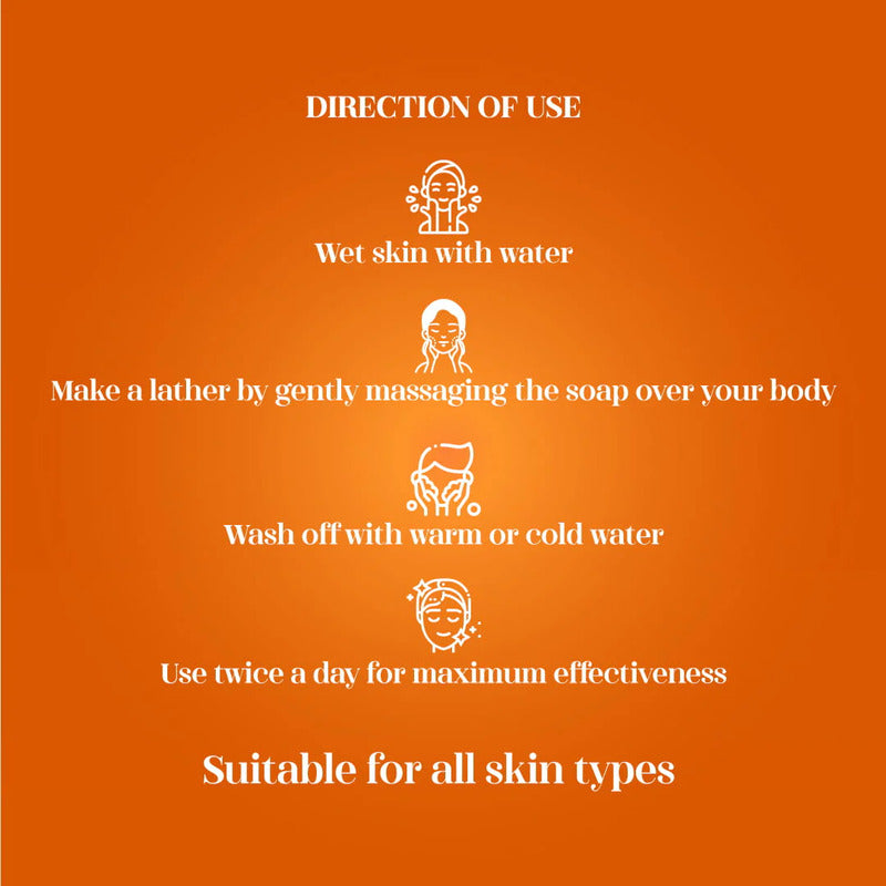 Orange soap packaging with white text and icons detailing use instructions.