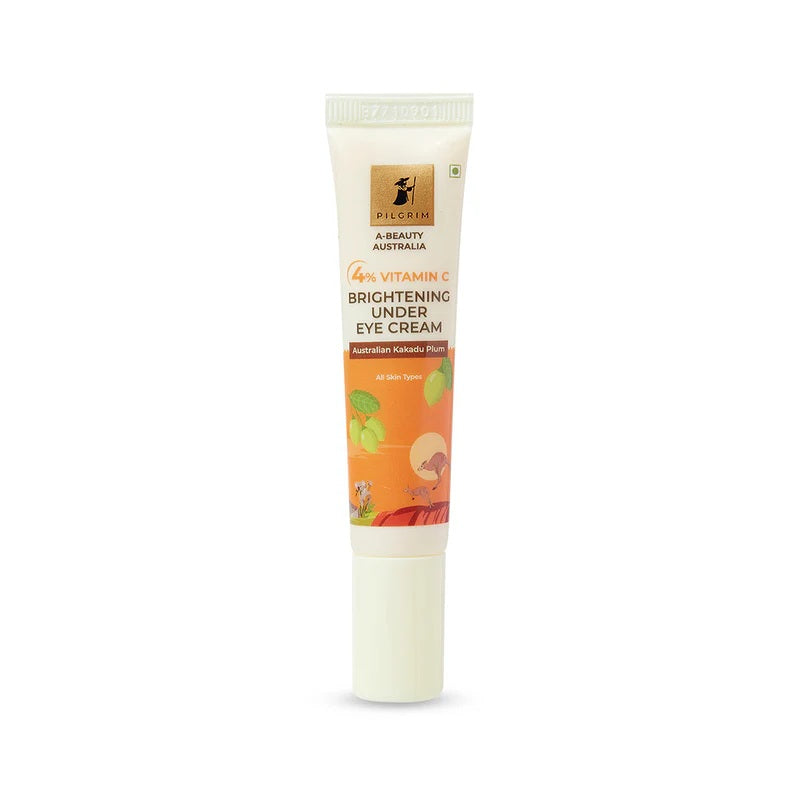 A tube of PILGRIM 4% VITAMIN C BRIGHTENING UNDER EYE CREAM with product information and branding visible.