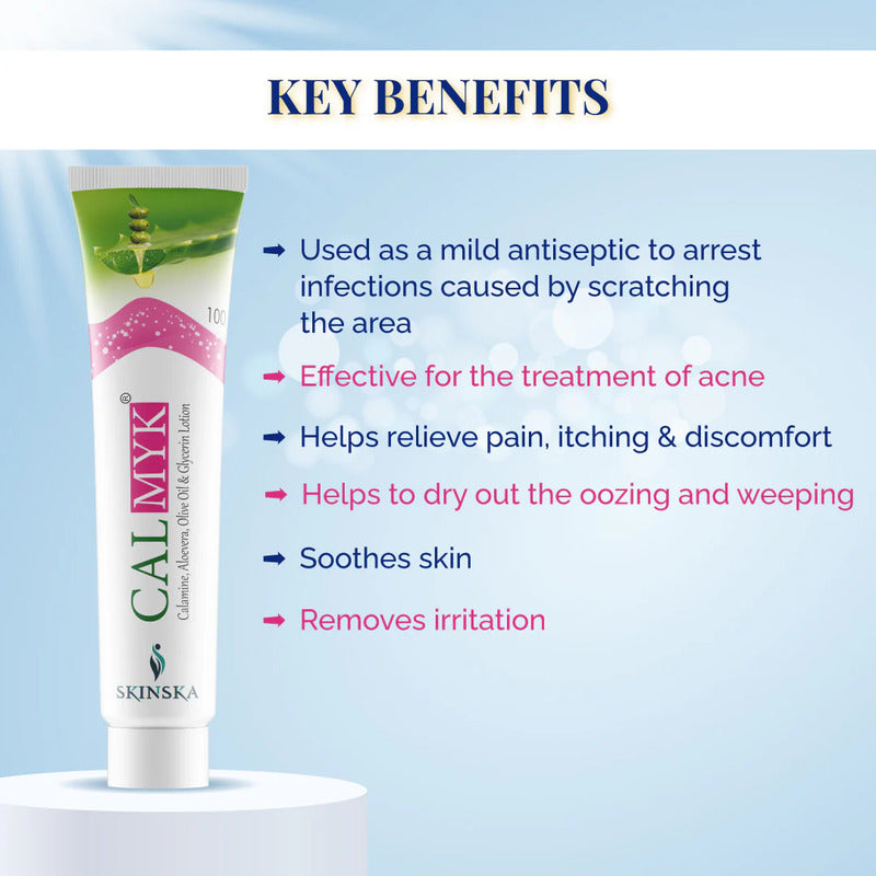 Tube of Calmyk ointment with list of key benefits on a light blue background