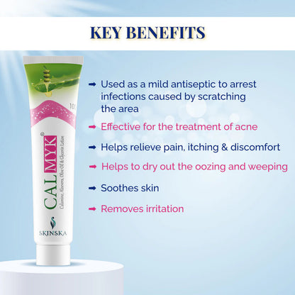 Tube of Calmyk ointment with list of key benefits on a light blue background