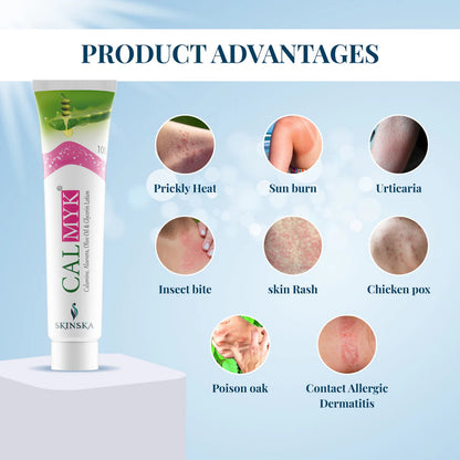 Tube of Calmyk cream with skin conditions illustrated on a light blue background