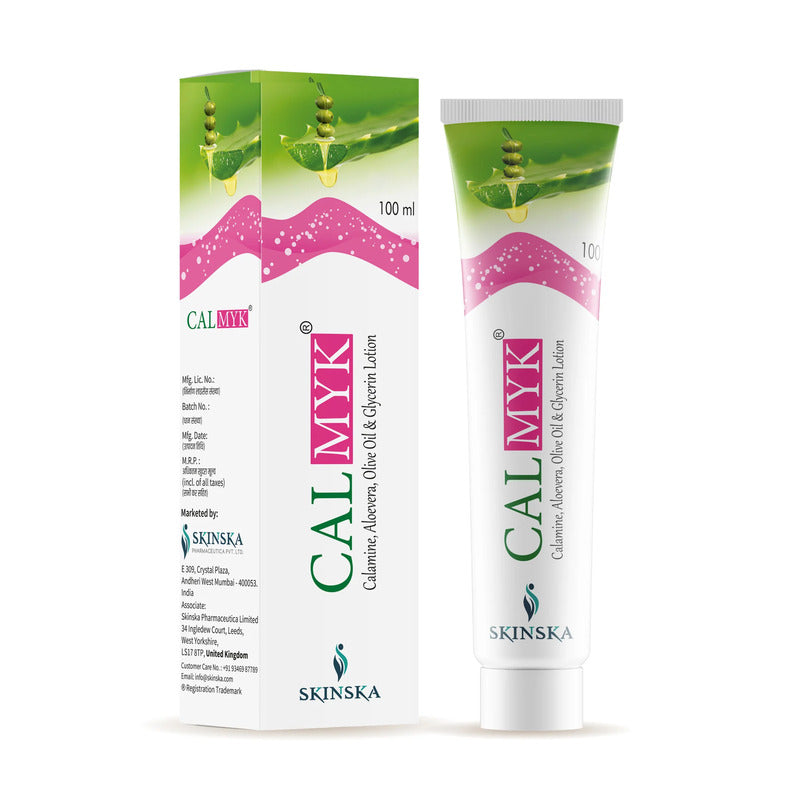 Tube and box of Calmyk lotion on a white background