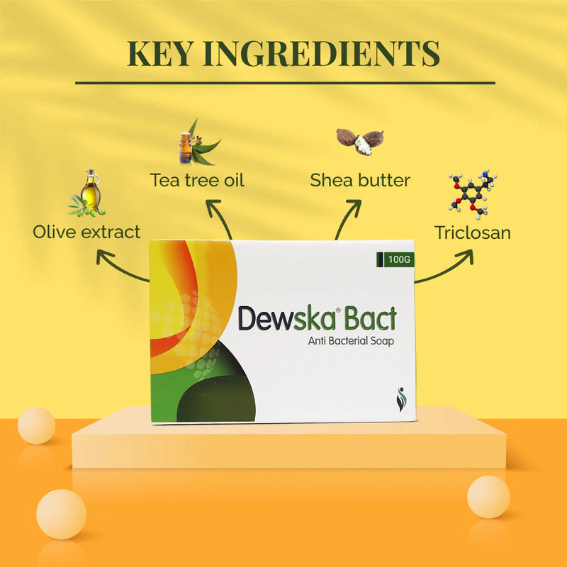 Dew ska Bact antibacterial soap packaging with key ingredients on a yellow background.