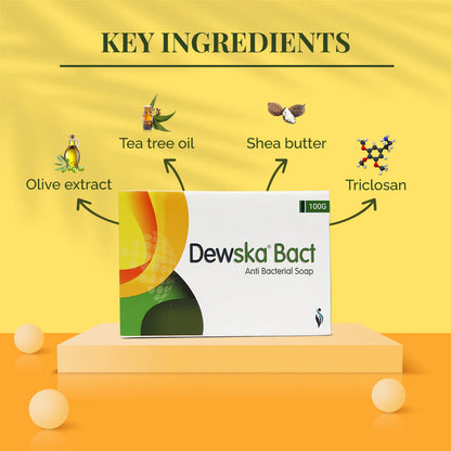 Dew ska Bact antibacterial soap packaging with key ingredients on a yellow background.