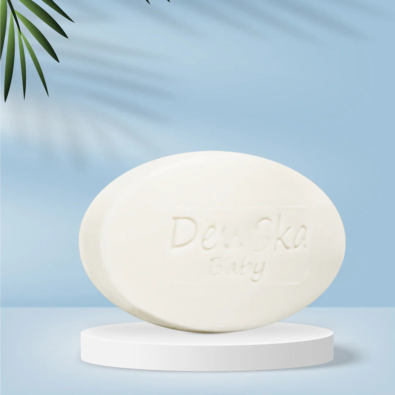 White bar of soap with text on a blue background