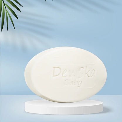 White bar of soap with text on a blue background