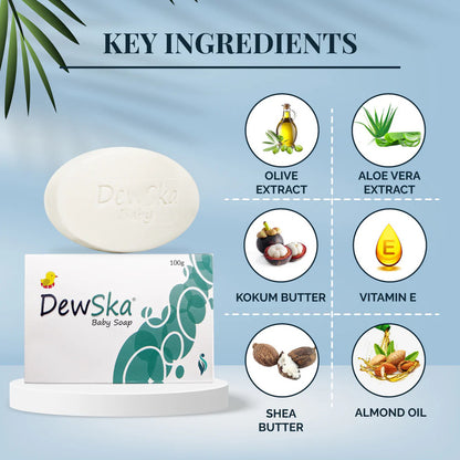 DewSka baby soap with key ingredients on a blue background