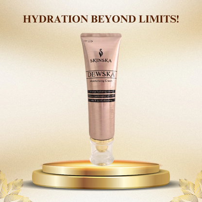 Tube of moisturizing cream on a gold platform with text 'Hydration Beyond Limits'.
