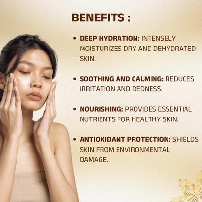 Woman applying skincare product with text highlighting benefits