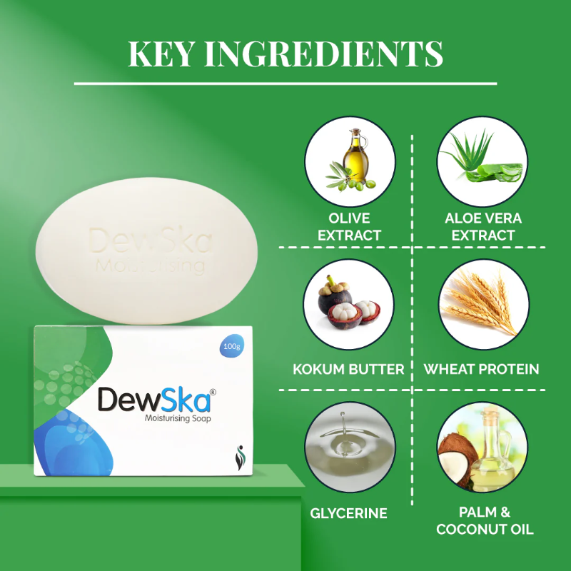 DewSka moisturizing soap with key ingredients on a green background