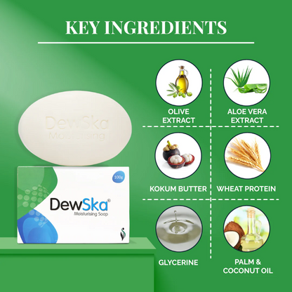 DewSka moisturizing soap with key ingredients on a green background