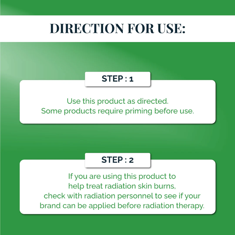 Green background with white text displaying product usage instructions.