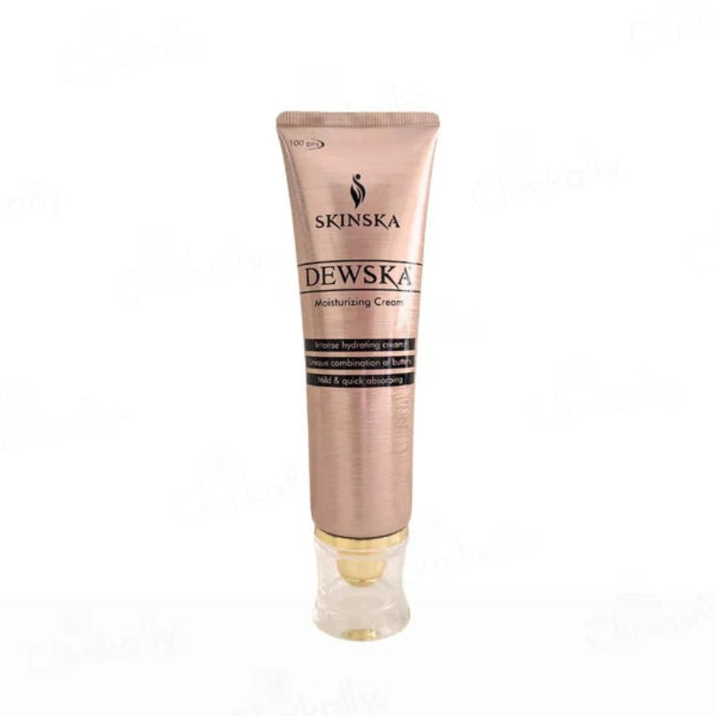 A tube of DEWSKA MOISTURIZING CREAM with a beige color and a pump dispenser.