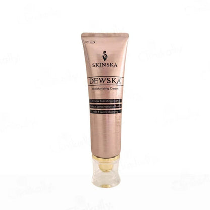 A tube of DEWSKA MOISTURIZING CREAM with a beige color and a pump dispenser.