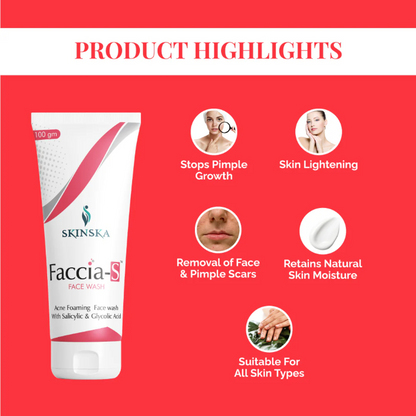 Facial wash tube with product highlights on a red background