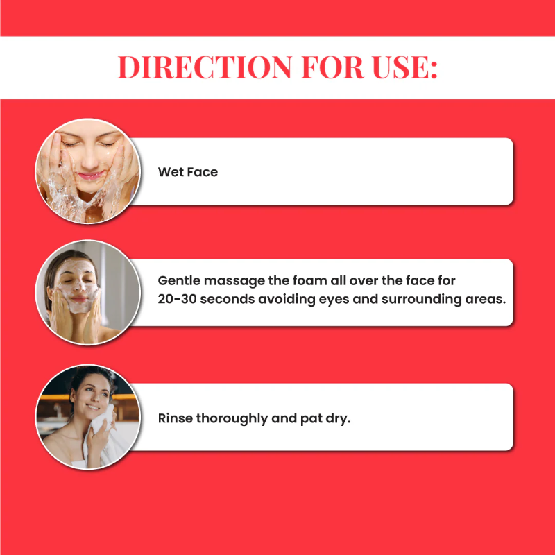 Instructions for using a facial product with step-by-step guidance on a red background.