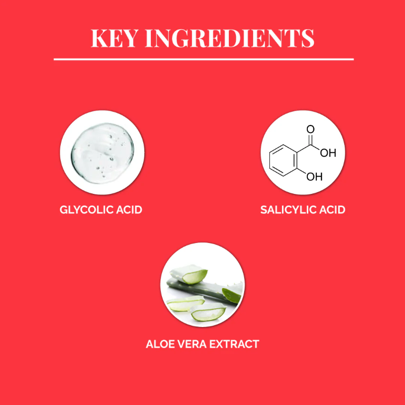 Key ingredients with glycolic acid, salicylic acid, and aloe vera extract on a red background.