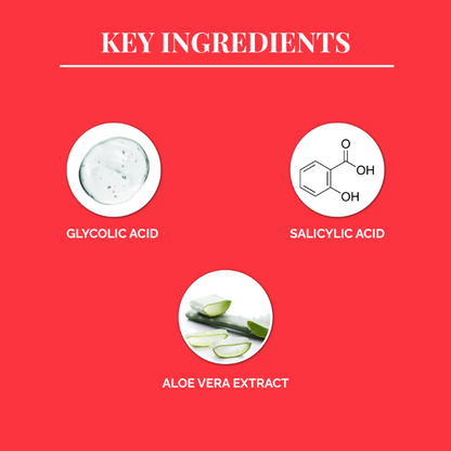 Key ingredients with glycolic acid, salicylic acid, and aloe vera extract on a red background.