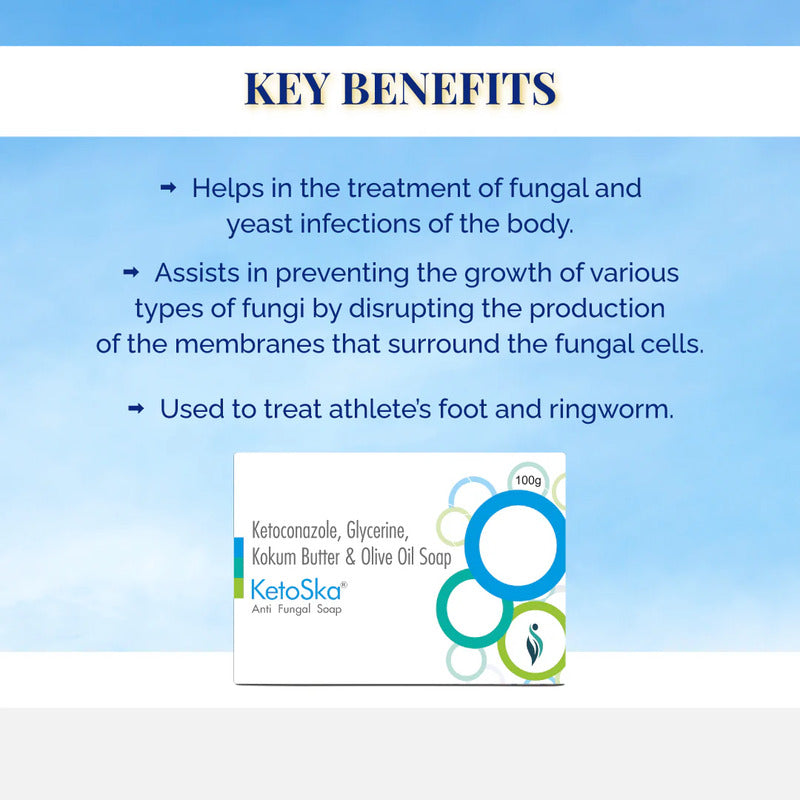 Key benefits of a fungal infection treatment with product packaging.
