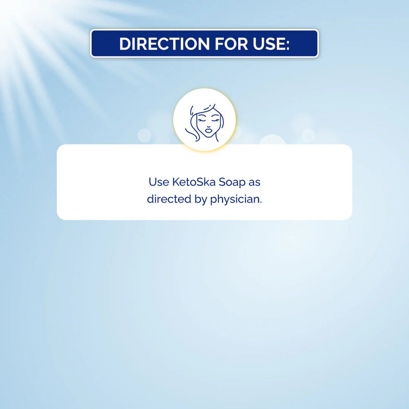 Direction for use of KetoSka Soap on a blue background