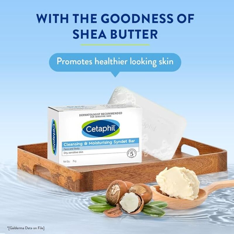Advertising Cetaphil cleansing & Moisturising Syndet bar on white background.