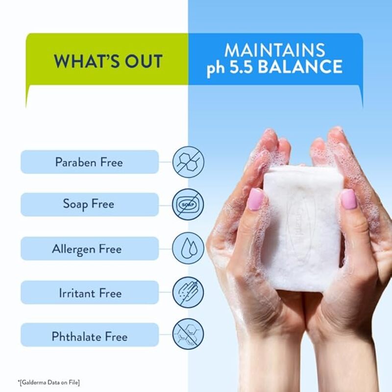 Product information with hands holding a bar of soap and list of benefits.