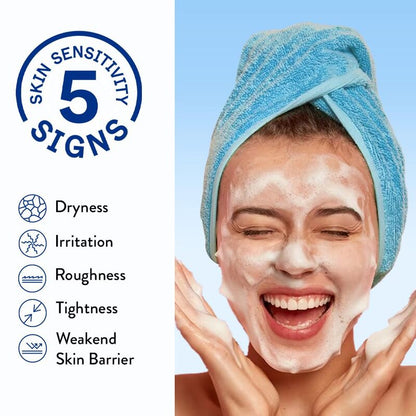 women used to the product with the foam and the text of the signs on blue and white background

