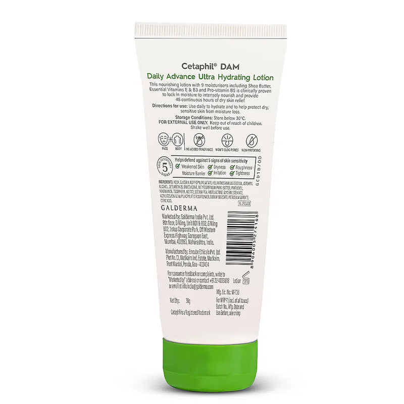 Tube of Cetaphil DAM Daily Advance Ultra Hydrating Lotion with text and logos.