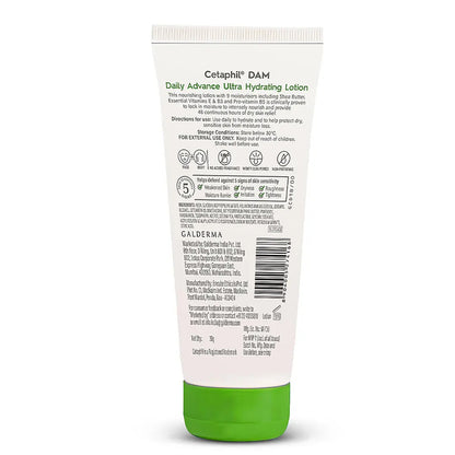 Tube of Cetaphil DAM Daily Advance Ultra Hydrating Lotion with text and logos.