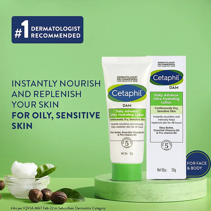 Tube of Cetaphil Daily Advance Ultra Hydrating Lotion text with Royal blue on a green  background