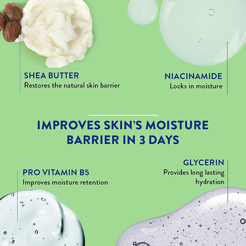 Green background with skincare product details and images of ingredients.