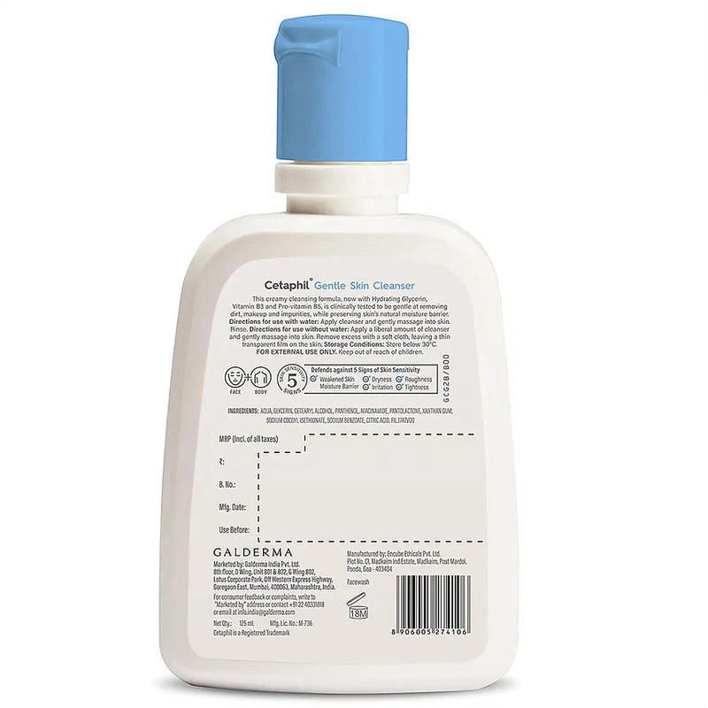 Cetaphil Gentle Skin Cleanser, details label and logos with blue lid on white background