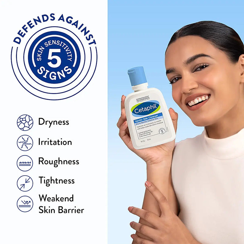 Women holding Cetaphil Gentle Skin Cleanser with blue lid text on white and blue background