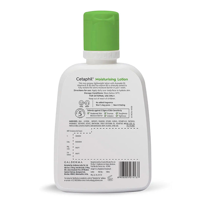 Back of a Cetaphil moisturizing lotion bottle with text and labels.