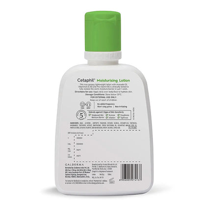 Back of a Cetaphil moisturizing lotion bottle with text and labels.