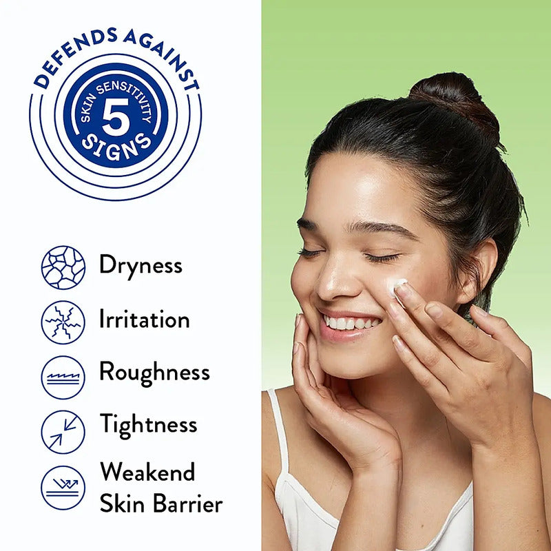 Woman applying skincare product with product benefits listed on a green background