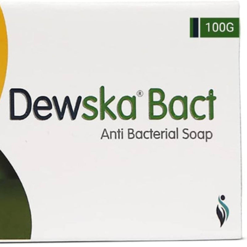 Dewska Bact anti-bacterial soap packaging with a weight of 100g.
