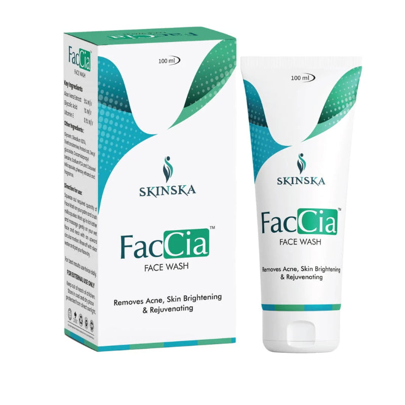 A packaged facial cleanser named 'FACCIA WASH' by SKINSA, presented in a white tube with green accents, and its box which states it removes acne, skin brightening & rejuvenating properties.
