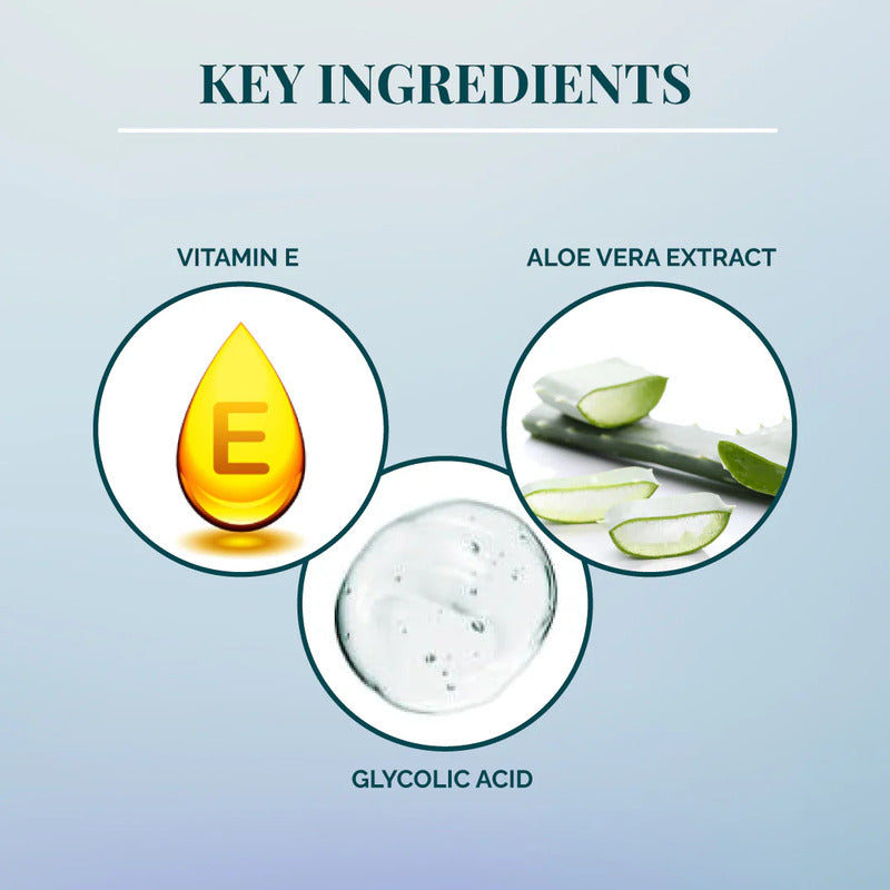 Key ingredients in skincare with vitamin E, aloe vera extract, and glycolic acid.