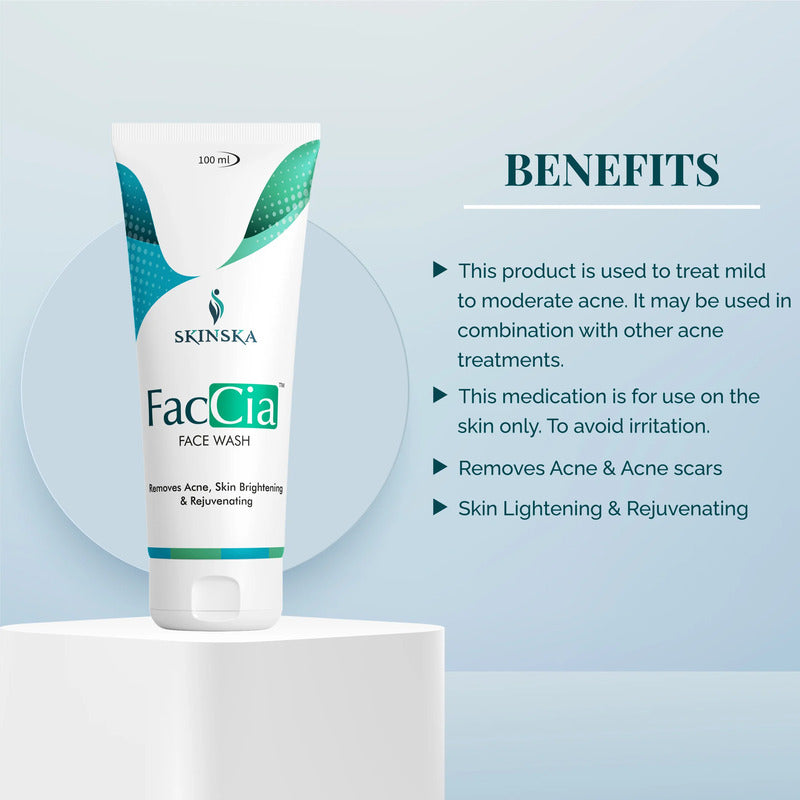 Face wash product with benefits listed on a light blue background